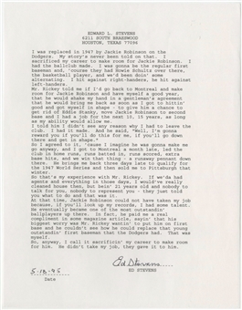 1995 Edward Stevens Signed Letter Regarding Him Giving Up His Roster Spot To Jackie Robinson (PSA/DNA & University Archives)